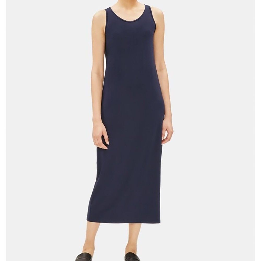 Eileen Fisher System Viscose Jersey Tank Dress Size M Navy Blue Full Length